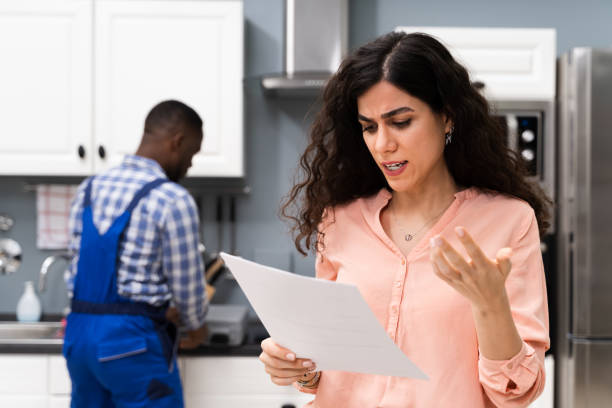 istock Frustrated Woman Looking At Bill On Clipboard In Kitchen 1226620487