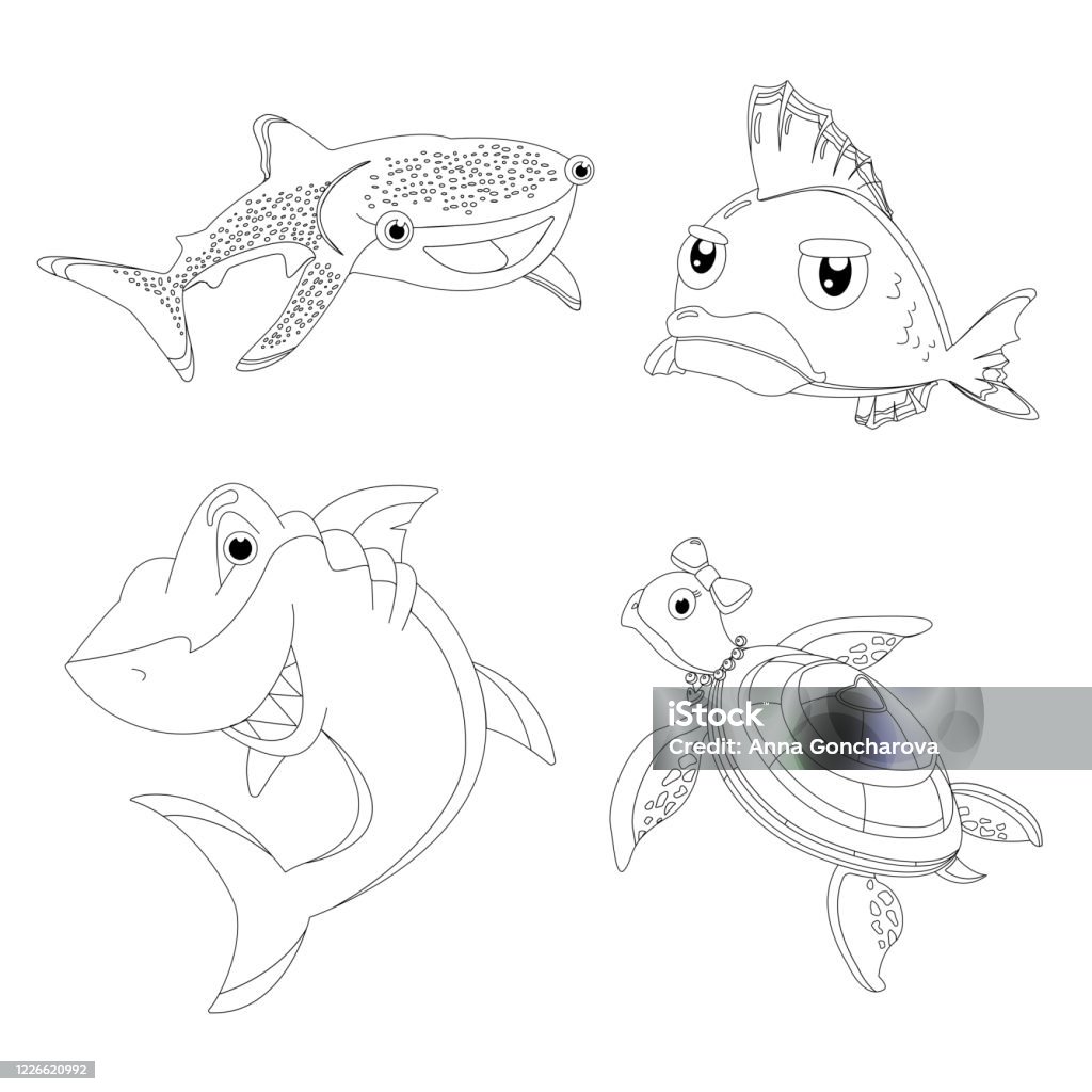 바다 동물과 물고기 색칠 공부 어린이 등고 색칠하기에 대한 스톡 벡터 아트 및 기타 이미지 - 색칠하기, 열대 기후, 거북이 -  Istock
