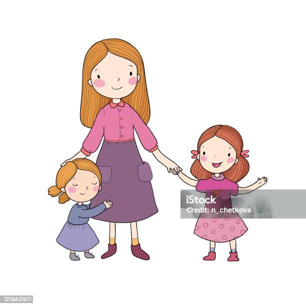 Người Mẹ Trẻ Và Hai Cô Con Gái Chị Em Hoạt Hình Dễ Thương Gia Đình
