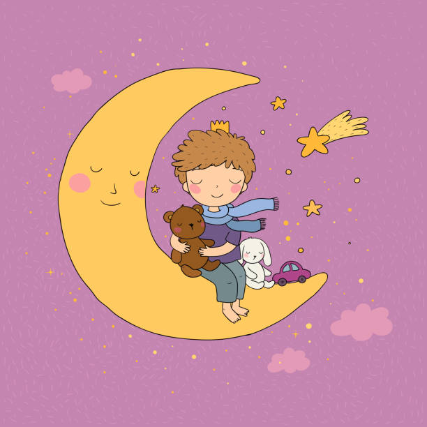 маленький принц сидит на луне. симпатичный мультяшный ребенок с игрушками. мальчик с плюшевым мишкой и кроликом. пора спать. - silhouette back lit little boys child stock illustrations