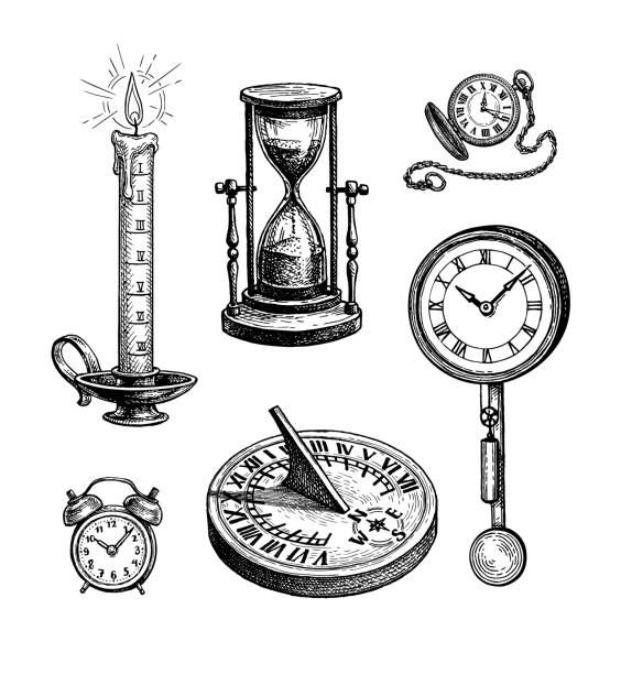 ilustraciones, imágenes clip art, dibujos animados e iconos de stock de diferentes tipos de relojes. - sand clock illustrations