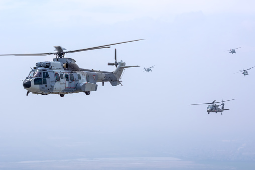 Hidalgo, Mexico - September 11, 2018: General practice of the aerial parade of the anniversary of the independence of Mexico, training over hidalgo State & Tecamac (Mexico State), being followed by the Sikorsky UH-60M