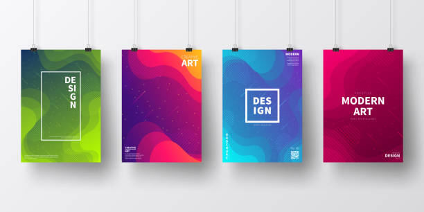 Posters with colorful geometric and fluid designs, isolated on white background Four realistic posters in vertical position with modern and trendy backgrounds, isolated on white wall. Futuristic colorful illustrations, looking like a meteor shower. Geometric shapes with beautiful color gradients (colors used: Red, Purple, Pink, Orange, Green, Blue, Black, Turquoise, Yellow). Template for your own design, with space for your text. The layers are named to facilitate your customization. Vector Illustration (EPS10, well layered and grouped), wide format (2:1). Easy to edit, manipulate, resize and colorize. neon turquoise stock illustrations