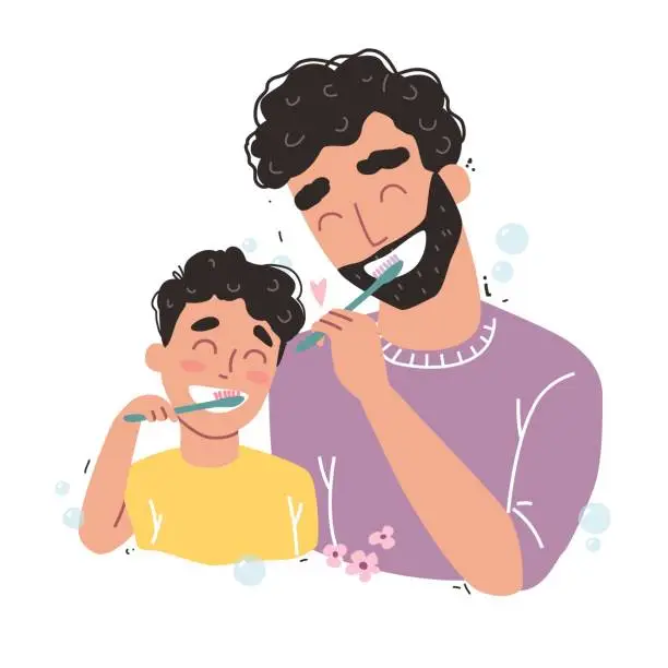 Vector illustration of Father and son Brushing Their Teeth. happy family and health.