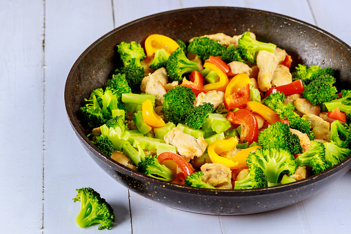 Tasty healthy stir fry vegetables with chicken in pan on white wooden surface.