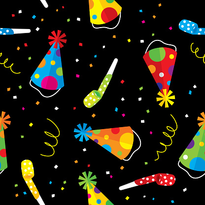 Vector illustration of birthday hats with streamers and confetti in a repeating pattern.