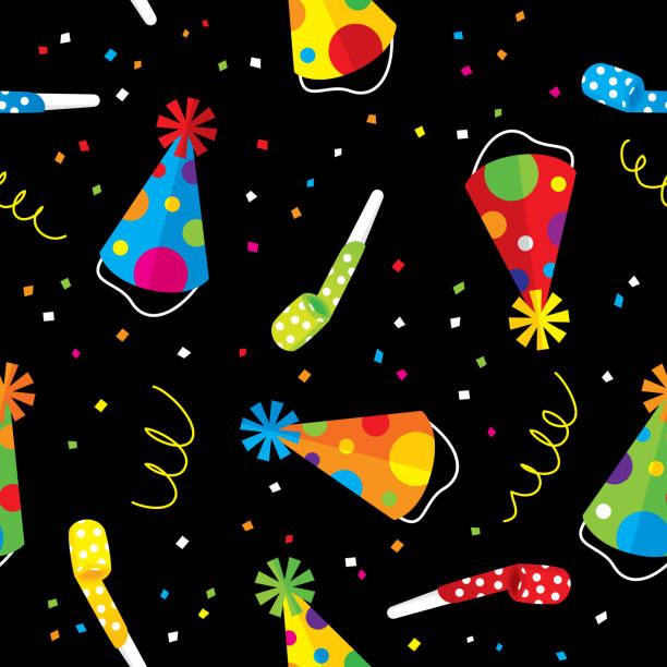 Birthday Hat Pattern Flat Vector illustration of birthday hats with streamers and confetti in a repeating pattern. 21st birthday stock illustrations