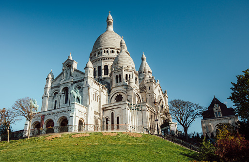 Basilica of Sacre Coeur de Montmartre, Paris, France. Roman Catholic church Sacred Heart. Famous landmark. Popular travel destination.