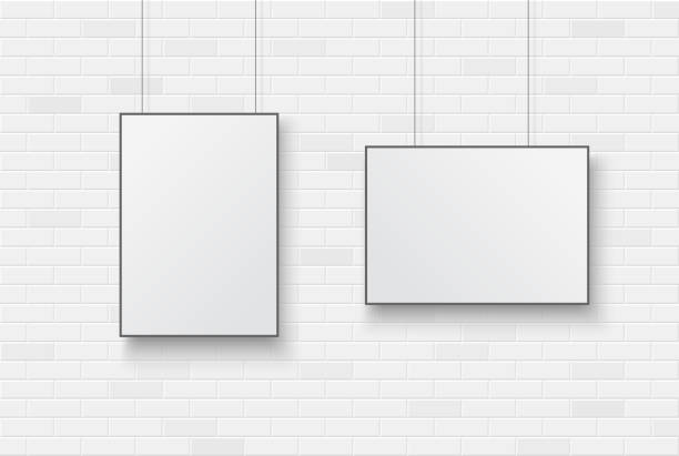 Poster on brick wall 6 Blank poster on a white brick wall. Vector illustration. hanging stone stock illustrations