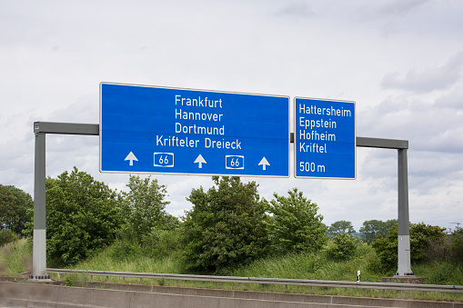 Road sign on German highway - showing the direction to Frankfurt, Hannover, Dortmund