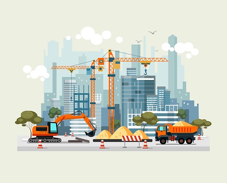 City construction work process with machines vector illustration. Engineers with building cranes and cement trucks flat style. Project of residential houses concept