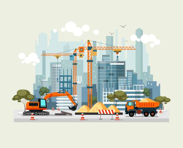 City construction work process with machines City construction work process with machines vector illustration. Engineers with building cranes and cement trucks flat style. Project of residential houses concept construction stock illustrations