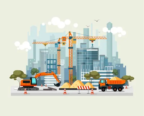 Vector illustration of City construction work process with machines