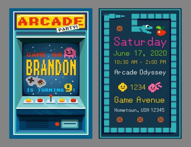 Birthday party invitation in retro style pixel art Birthday party invitation in retro style pixel art vector illustration. Slot machine time and place of celebration event flat style. Arcade game and fun concept. Isolated on grey over the hill birthday stock illustrations
