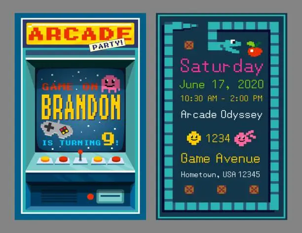 Vector illustration of Birthday party invitation in retro style pixel art