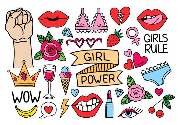 ilustrações, clipart, desenhos animados e ícones de coleção de positividade feminismo e girl power - coroa enfeites para a cabeça