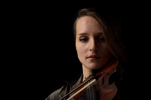 girl with violin isolated on white background