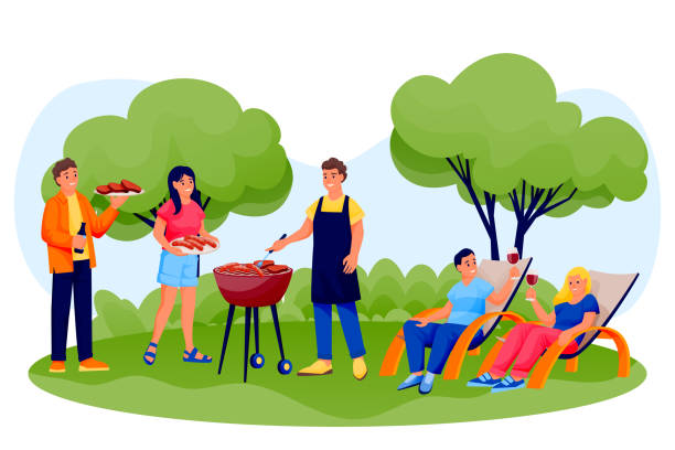 Barbecue Outdoor Party Happy Friends Cooking Grill Meat And Sausages On Summer Picnic Vector Illustration - Download Image Now - iStock
