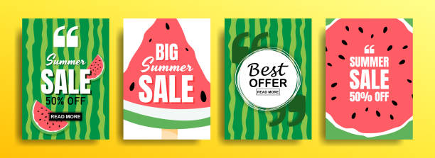 ilustrações de stock, clip art, desenhos animados e ícones de set of empty templates with summer themes on a watermelon background. design of advertising banners. vector illustrations for websites and mobile websites, email design, posters, promotional materials - watermelon