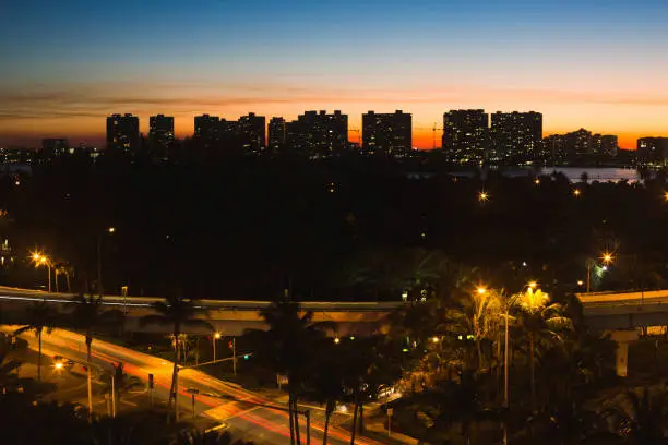 Night view just after sunset in Aventura from Sunny Isles Beach in Florida