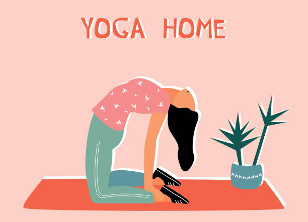 Woman doing yoga at home. Illustration with Ushtrasana, Camel Pose. Woman doing yoga at home. Illustration with Ushtrasana, Camel Pose. ustrasana stock illustrations