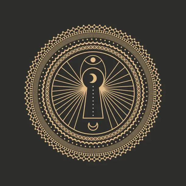 Vector illustration of Circle Geometric Ornament key hole. Geometric alchemy symbol. Abstract mandala occult and mystic signs. Black background.