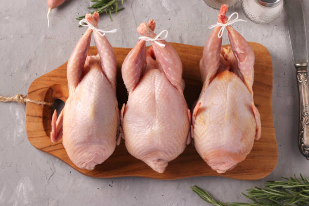 istock Three fresh raw organic quails on wooden board on a gray background, Top view 1226654181