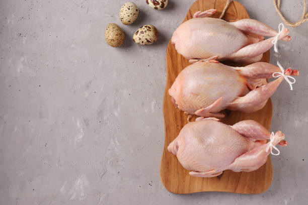 Fresh raw organic quails on wooden board and quail eggs on a gray background, Copy space