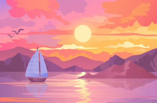 Vector illustration of Colorful sunset scene with sailboat and birds