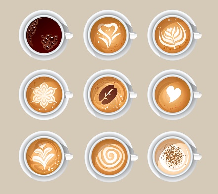 Top view of aromatic cups with tasty coffee