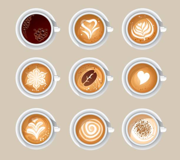 Top view of aromatic cups with tasty coffee Top view of aromatic cups with tasty coffee vector illustration. Different patterns on beverage flat style. Cappuccino americano espresso mocha latte cocoa. Isolated on beige background coffee cup coffee hot chocolate coffee bean stock illustrations