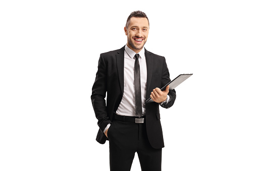 Businessman holding a clipboard with a document isolated on white background
