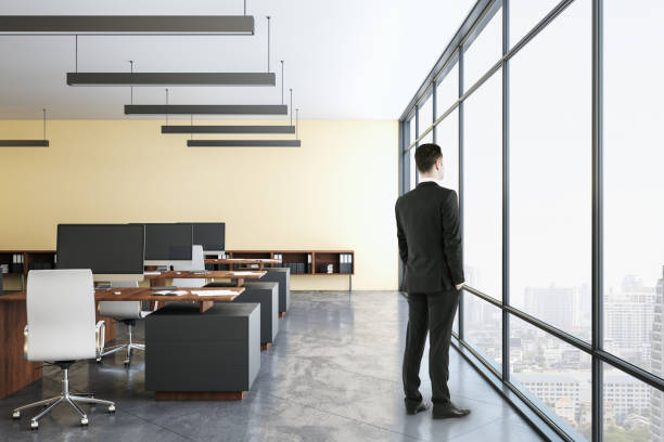 istock Businessman standing in office with panoramic city view. 1226660586