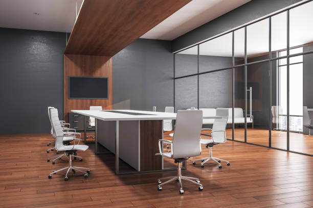istock Minimalistic conference room interior with blank tv screen 1226660848