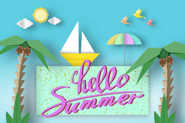 Hello Summer Cute  Paper Symbols. Hello Summer Cute Origami Paper Symbols, Sign, Elements with Slogan Illustrate the Greeting of the Fun Summertime Season. Style Background, Banner, Card, Poster. Vector Illustrations Art Design. goa beach party stock illustrations