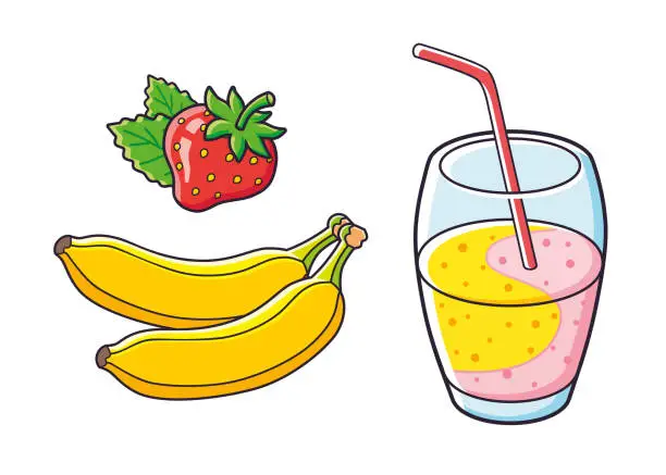 Vector illustration of Smoothie glass, strawberry and bananas.