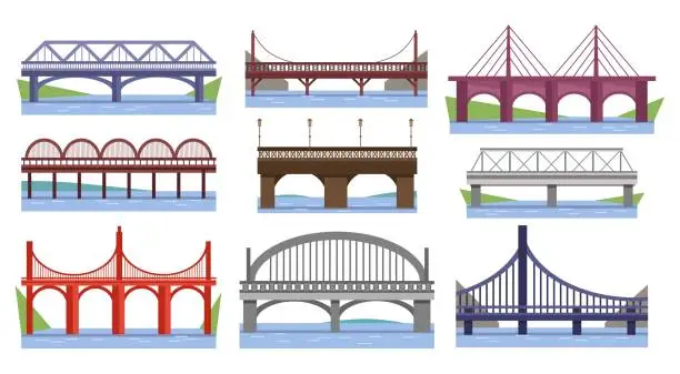 Vector illustration of Set of various bridges with river or lake