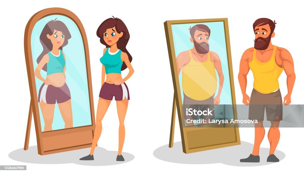 Fat And Slim People With Reflection In Mirrors Bigorexia Or Muscle  Dysmorphia Stock Illustration - Download Image Now - iStock