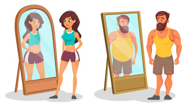 Fat and slim people with reflection in mirrors, bigorexia or muscle dysmorphia Fat and slim people with reflection in mirrors, bigorexia or muscle dysmorphia vector illustration. Different between body shapes cartoon design. Desire to lose weight. Illusion and reality concept. Isolated on white background eating disorder stock illustrations