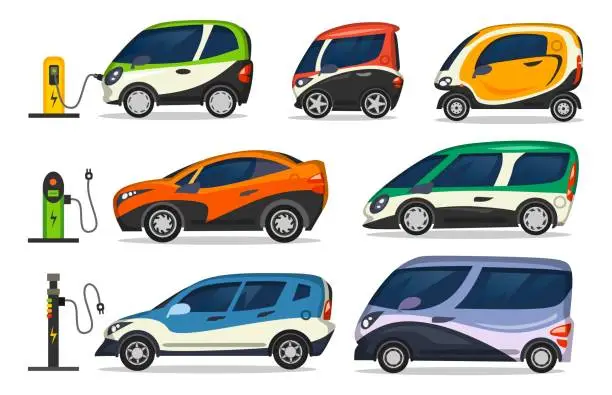 Vector illustration of Set of different colourful electric cars on charger