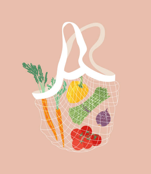 illustrations, cliparts, dessins animés et icônes de eco friendly concept cotton nets sac à provisions avec légumes frais, fruits. - onion bag netting vegetable