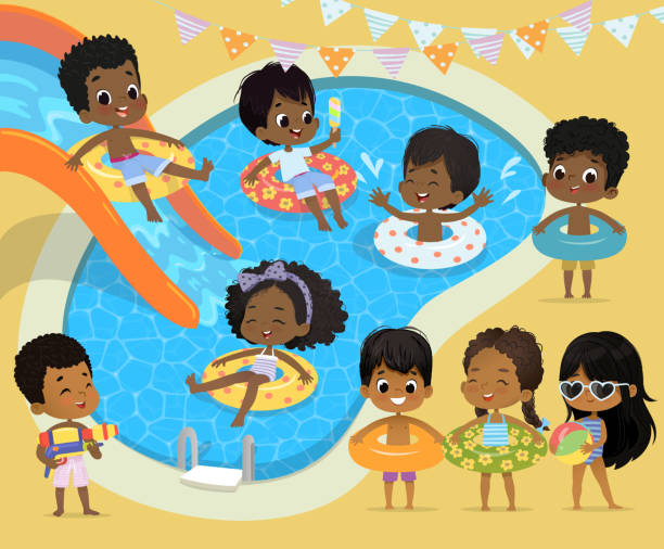 ilustraciones, imágenes clip art, dibujos animados e iconos de stock de fiesta en la piscina niños. los niños afroamericanos se divierten en la piscina. niña en traje de baño divertidas vacaciones de verano. un chico con una pistola de agua de juguete. niños jugando en el agua - swimwear child inner tube little girls