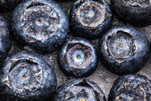 istock Frozen blueberries close up view on ice. 1226665353