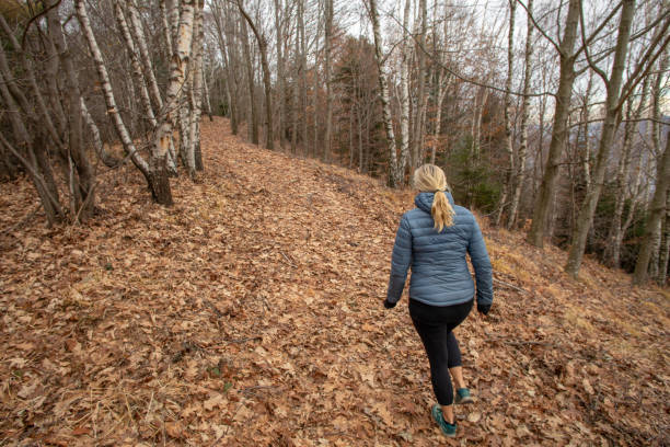 istock Woman walks through fallen leaves in the forest 1226665567