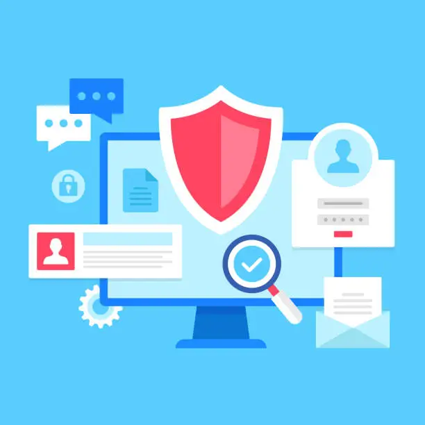 Vector illustration of Cyber security. Vector illustration. Cybersecurity, computer security, data protection, user account, online safety concepts. Modern flat design. Computer with shield, login form, document, email, lock, etc.