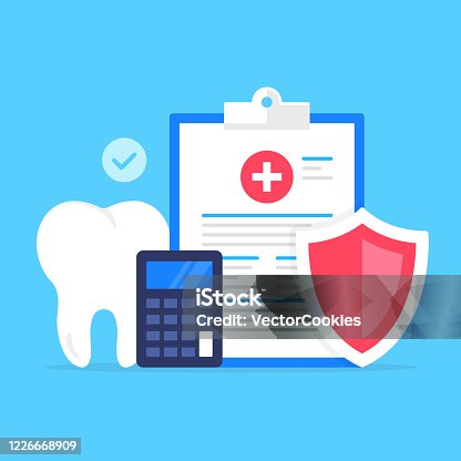 istock Dental insurance. Vector illustration. Health insurance, healthcare, claim form, coverage, medical care concepts. Modern flat design. Clipboard with medical document, shield, calculator, tooth and check mark 1226668909