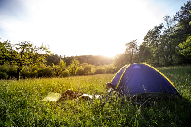 istock Young Adult Man Camping on a Meadow in Springtime 1226669732