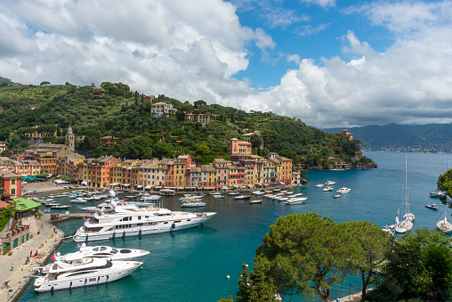 Panoramic view of Portofino, an Italian fishing village, Genoa province, Italy. A tourist place with a picturesque harbour and colorful houses
