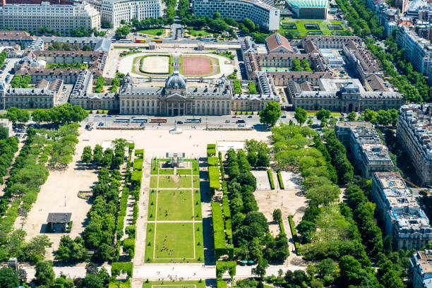 Wide angle shot of the Champ de Mars taken from the Eiffel Tower.