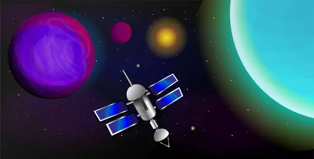 Vector illustration of Satellites Orbiting Planet Scene Stock Illustration